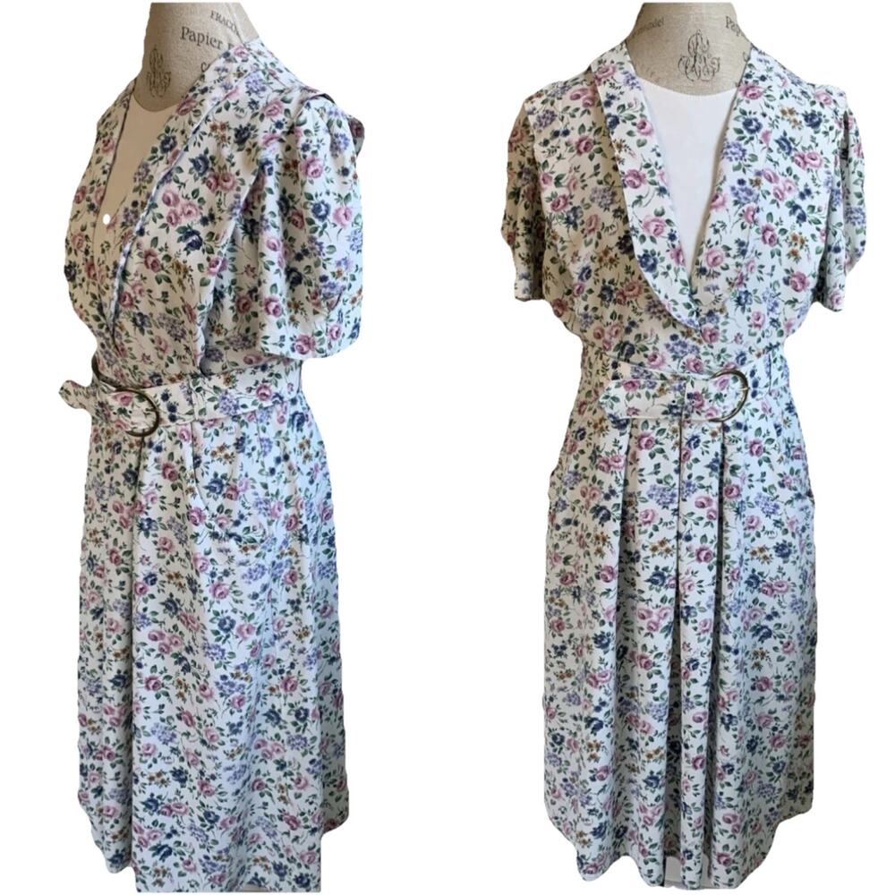 Vintage Periwinkle Floral Midi Dress Womens A-Line Puff Sleeve Belt Cottagecore - Picture 3 of 12